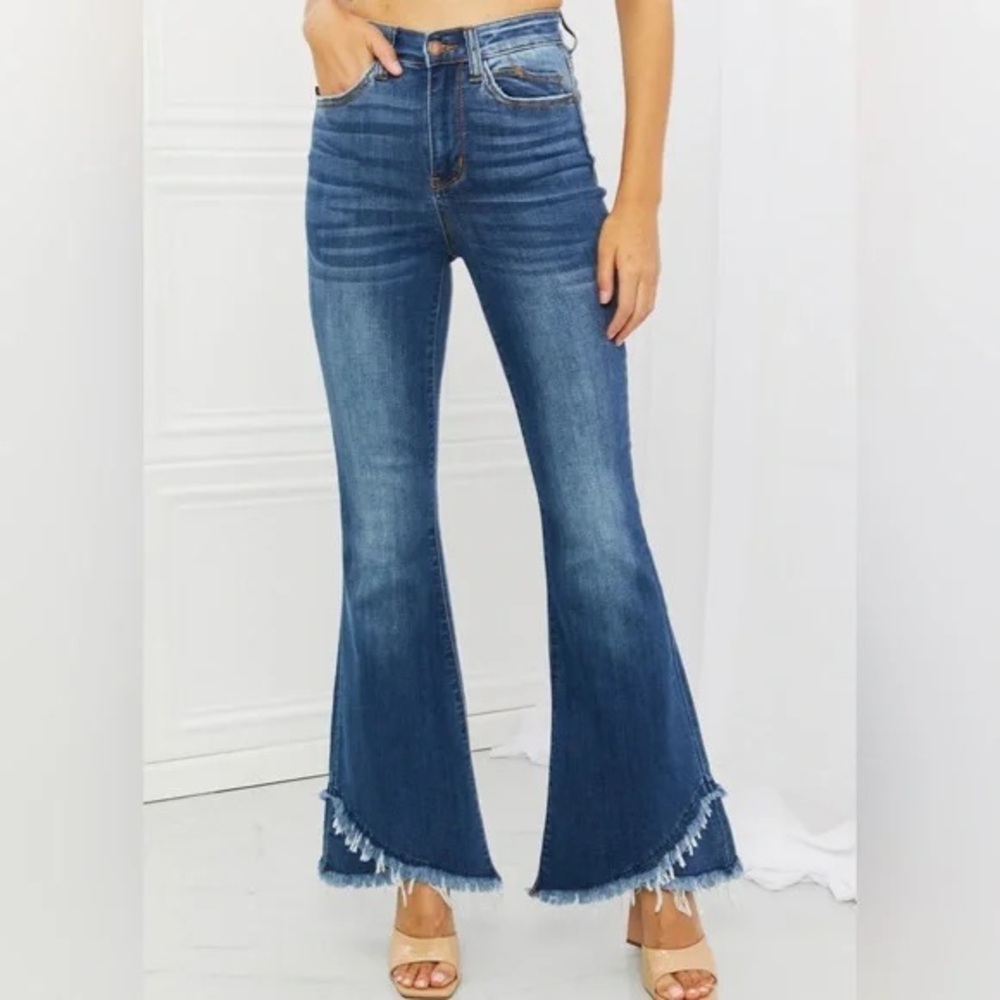 Judy Blue Eve High Waist Frayed Tulip Hem Flare Jeans